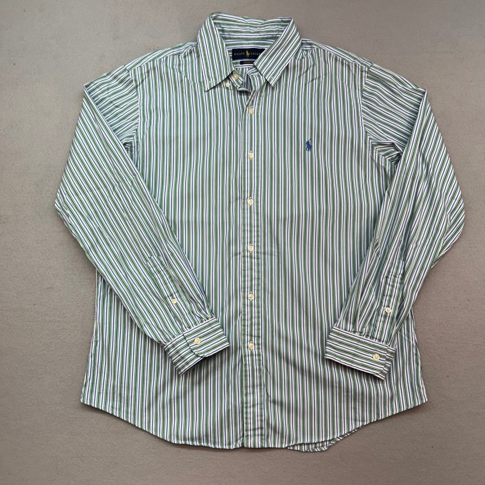 Ralph Lauren Mens Custom Fit Striped Button Down Shirt Green Blue Large